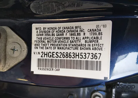 2003 Honda Civic Ex z USA, uszkodzony, nr VIN 2HGES26863H537367